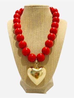 Yochi Bold Red Antique Beaded Necklace with Gold Heart Pendant